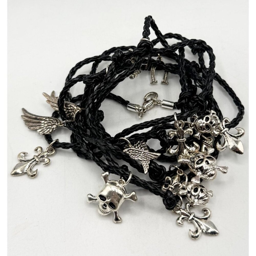 Black braided leatherette skull wings fleur de lis charm wrap bracelet